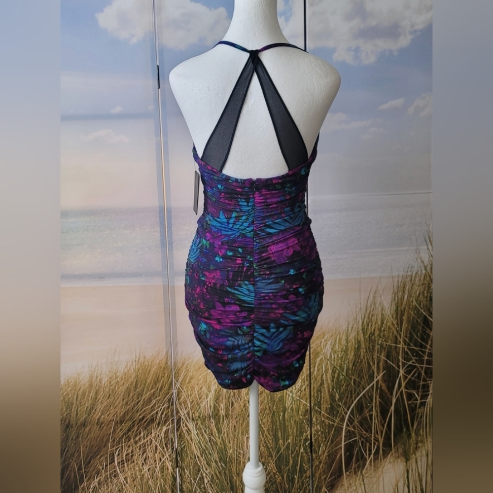 GUESS RUCHED FLORAL PRINT BODYCON LOW BACK PARTY DRESS